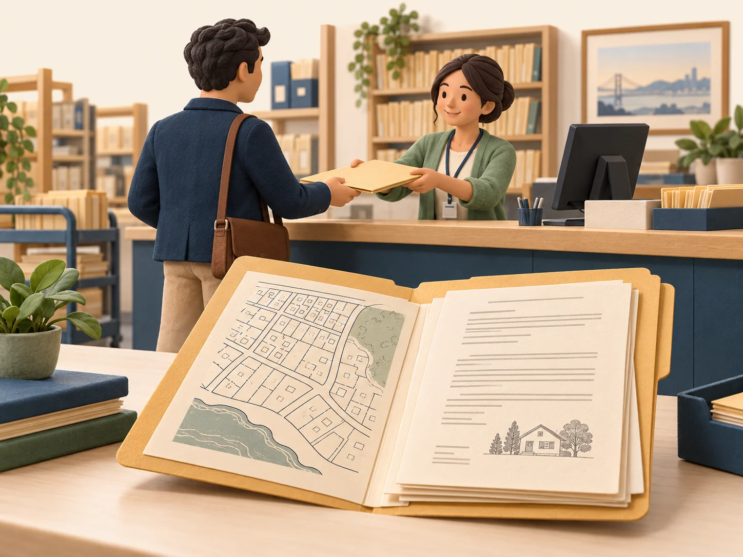 Illustration of a researcher collecting property records at a local records office