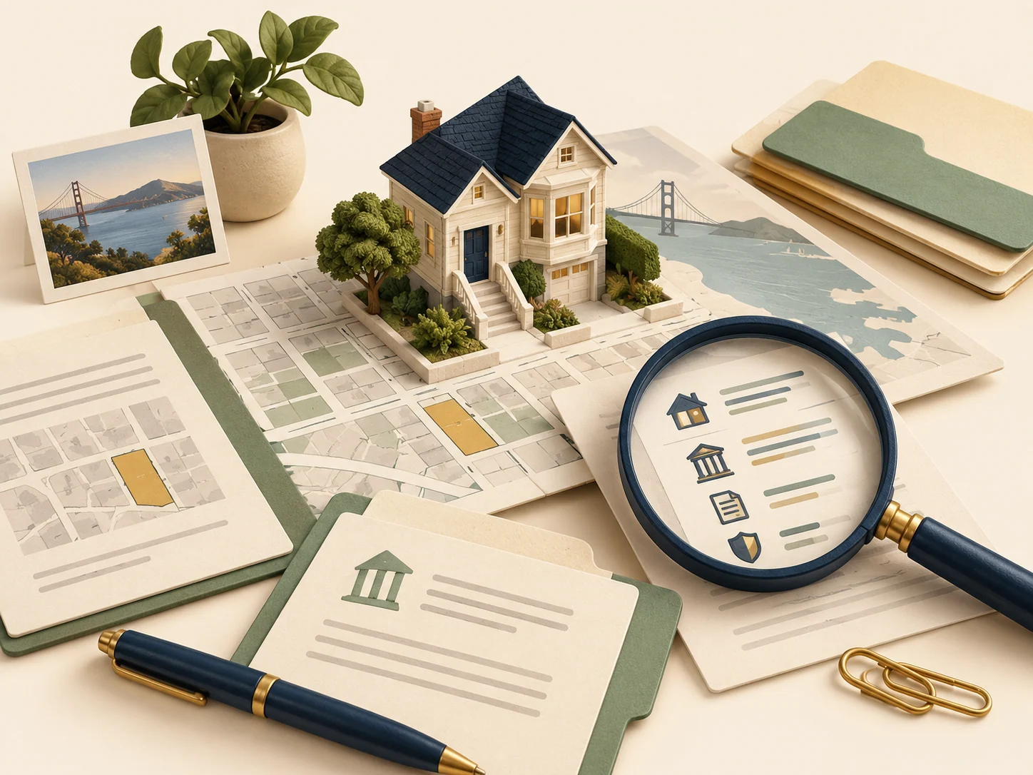 Illustration of a house, parcel map, documents and a magnifying glass on a research desk